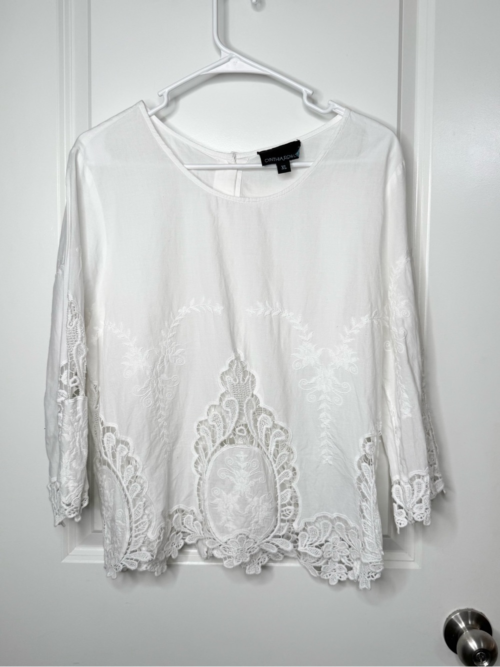 Cynthia Rowley XL White Cotton Embroidered Lace Blouse Crochet Boho Tunic Top